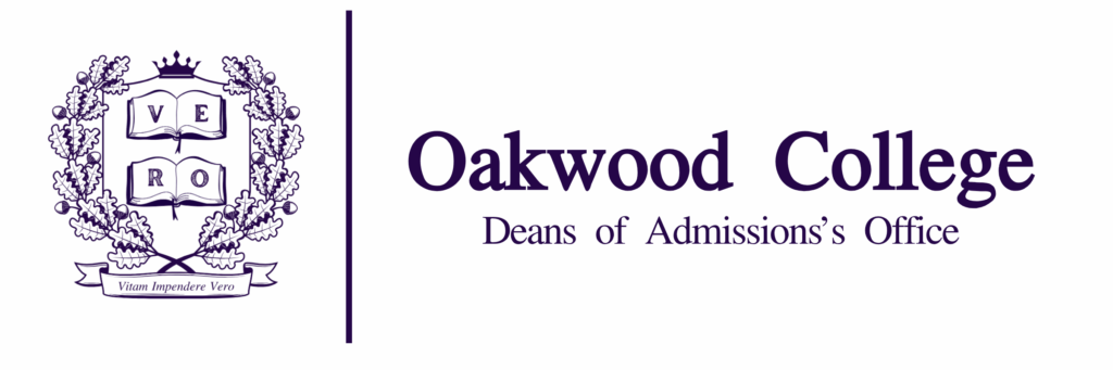 On the left is the Oakwood Seal with laurels mad of oak leaves surrounding books with the letters V, E, R, O. Below the laurels are the Latin words Vitam Imprendre Vero. A purple line separate the seal from text that reads Oakwood College, Dean of Admissions Office