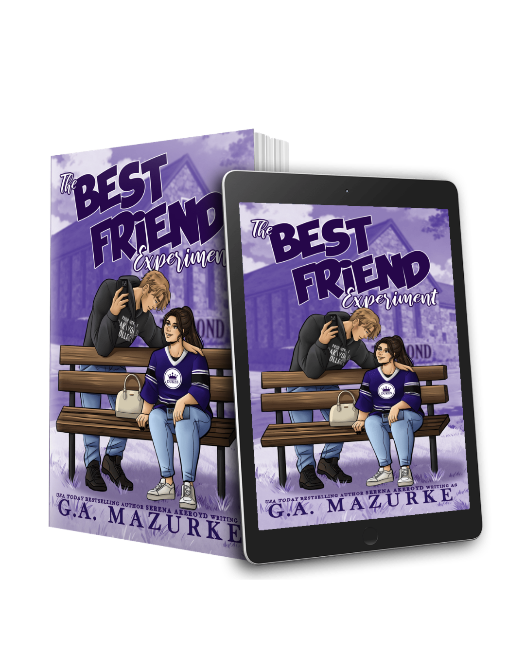 A kindle and paperback show the cover of The Best Friend Experiment, featuring a cartoon cover. A plus size brunette college student sits on a bench wearing a purple hockey jersey with her hair up in a ponytail. A blonde male college student leans over her with his arm around her shoulders wearing a gray Property of Oakwood College. Text reads: The Angel, USA Today Bestselling Author Serena Akeroyd writing as G.A. Mazurke