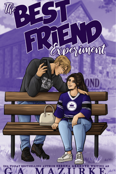 The cover of The Best Friend Experiment, featuring a cartoon cover. A plus size brunette college student sits on a bench wearing a purple hockey jersey with her hair up in a ponytail. A blonde male college student leans over her with his arm around her shoulders wearing a gray Property of Oakwood College. Text reads: The Angel, USA Today Bestselling Author Serena Akeroyd writing as G.A. Mazurke