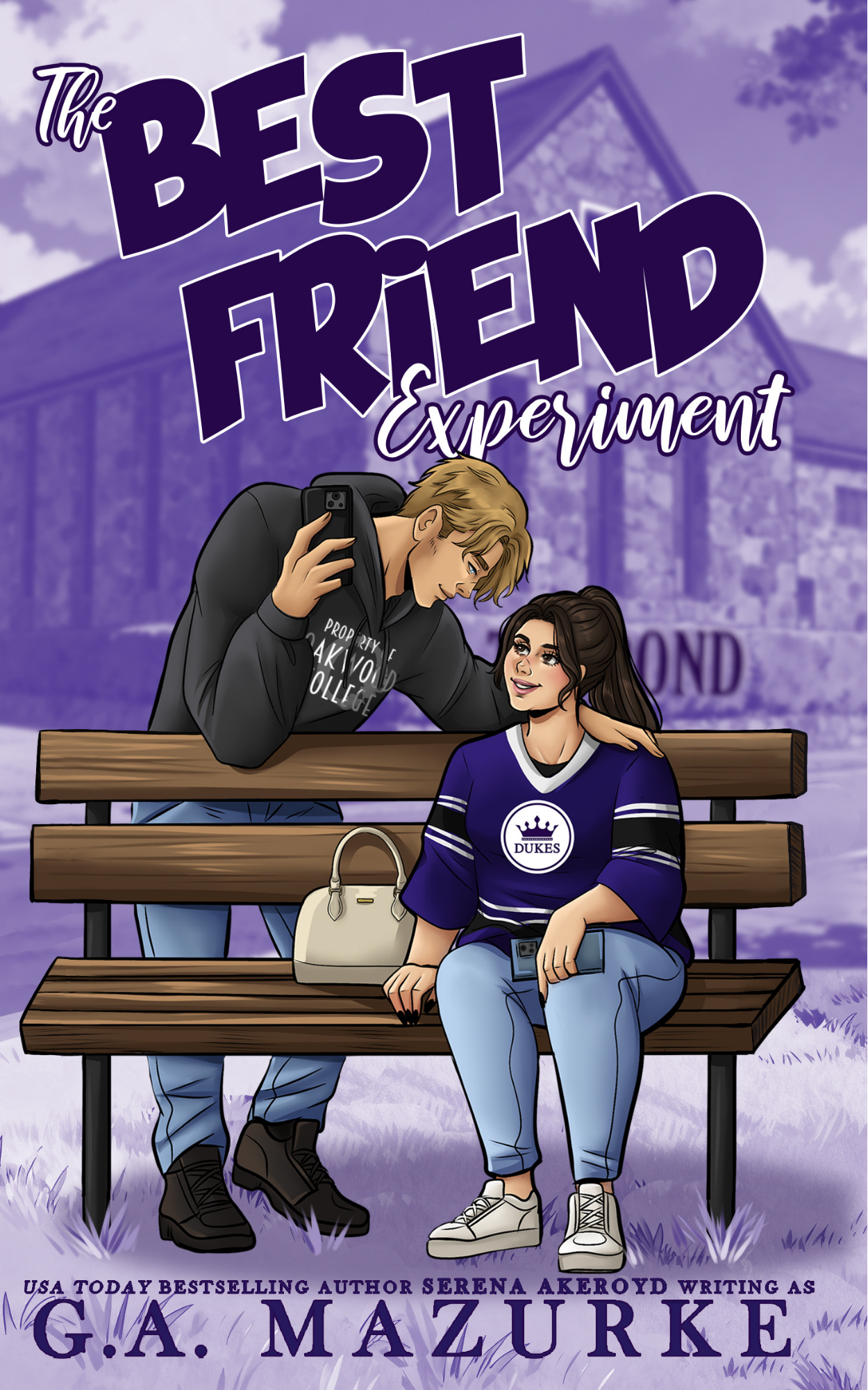 The cover of The Best Friend Experiment, featuring a cartoon cover. A plus size brunette college student sits on a bench wearing a purple hockey jersey with her hair up in a ponytail. A blonde male college student leans over her with his arm around her shoulders wearing a gray Property of Oakwood College. Text reads: The Angel, USA Today Bestselling Author Serena Akeroyd writing as G.A. Mazurke