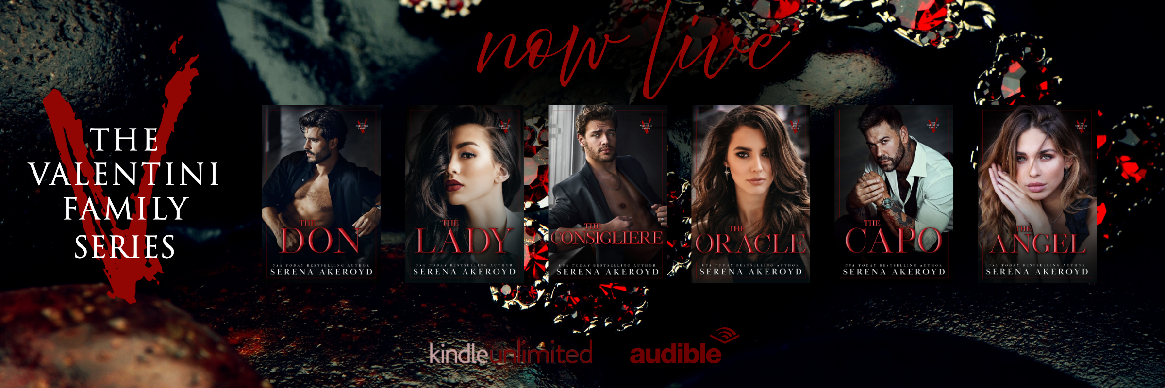 A ruby necklace drapes over a wet black rocks in the background. On the left is the V Valentini family logo. In the center are the six Valentini books.