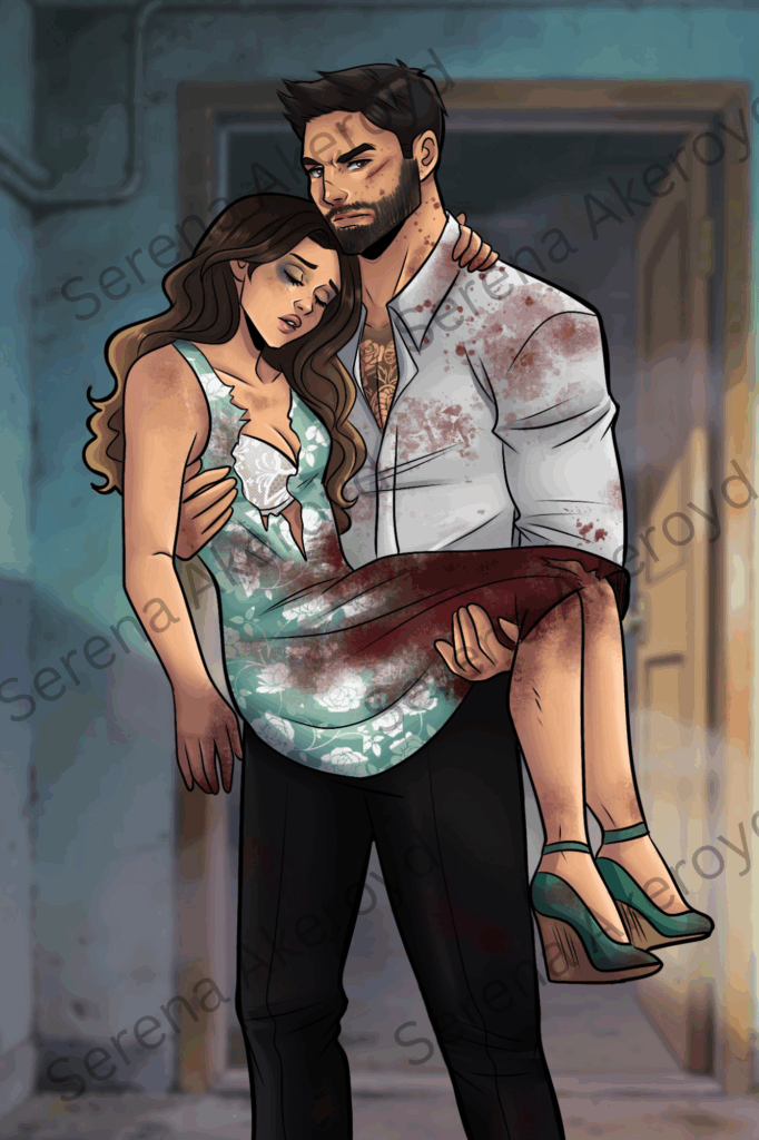 Illustration of Stan rescuing Kitty after her kidnapping. Stan is in a white button down shirt and black slacks and the shirt is covered in blood. He has dark brown hair and a beard. Kitty is being held in his arms in front of of him. Her brunette to blonde ombre hair falls down in waves over her back and shoulder. Her green and white dress is town down the front, revealing a white lacey bra. She is wearing green espadrille heels.