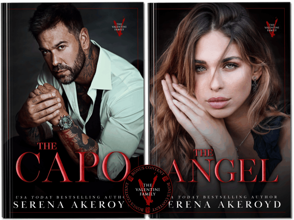 3D covers of The Capo and The Angel sit side by side with a sticker featuring the Valentini logo with repeating text of Bonus Content around the edge