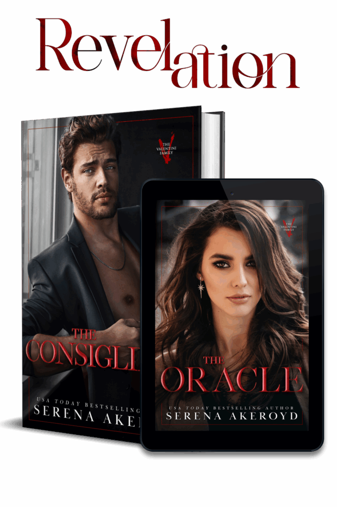 A hardback copy of The Consigliere and an e-reader displaying the cover of The ORacle are angled together. The Revelation logo is above them